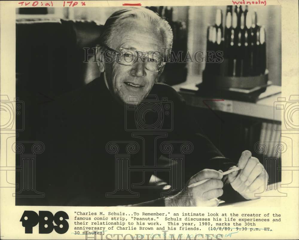 1980 Press Photo "Peanuts" cartoonist Charles Schulz profiled in PBS special- Historic Images