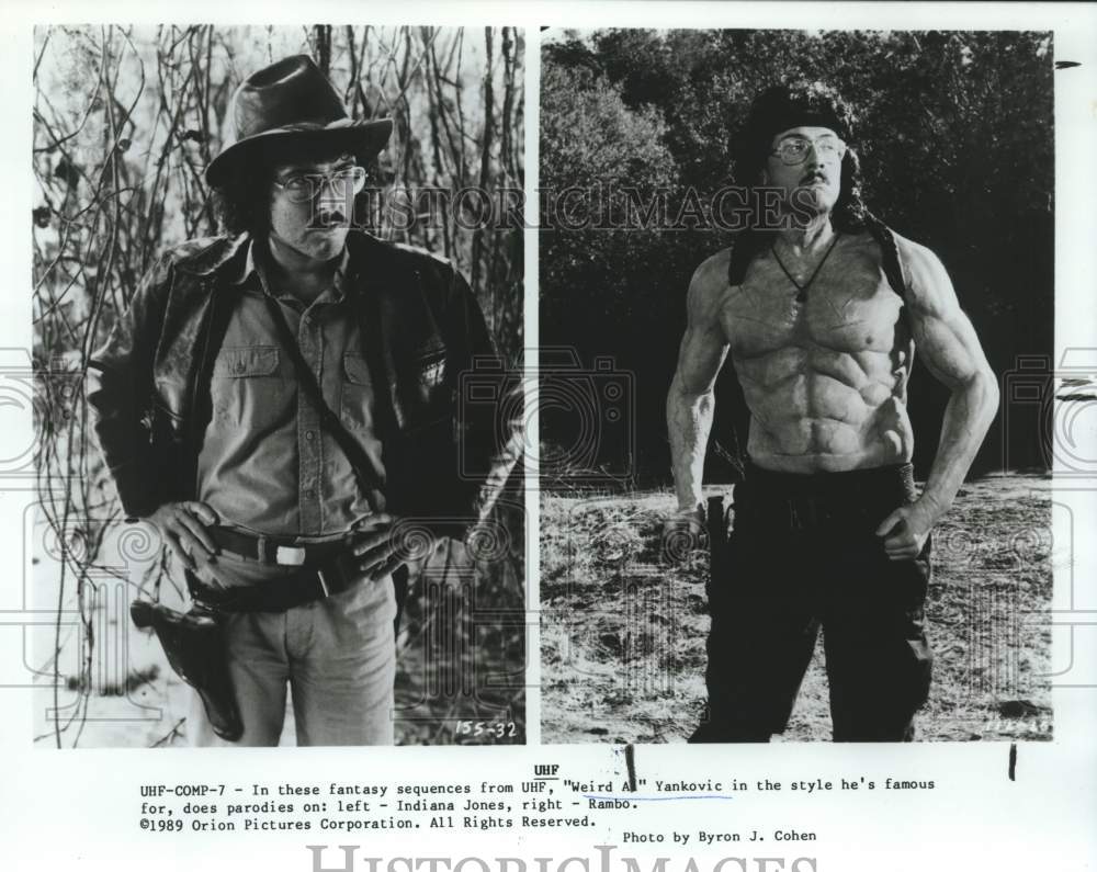 1989 Press Photo &quot;Weird Al&quot; Yankovic parodies Indiana Jones &amp; Ramno in &quot;UHF&quot;- Historic Images