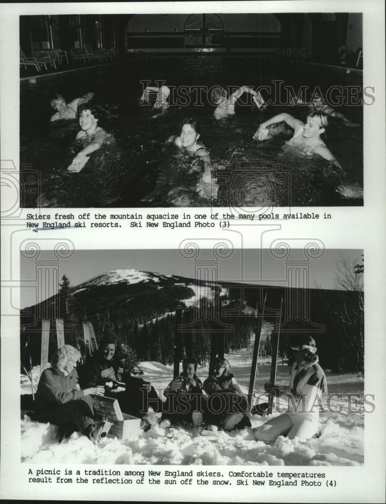 1991 Press Photo Skiers swim in pool &amp; picnic on mountain at Ski New England- Historic Images
