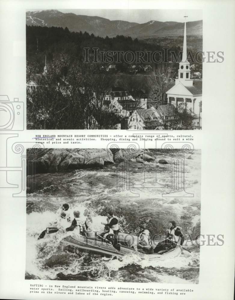 1990 Press Photo Aerial views of New England town and whitewater rafters- Historic Images