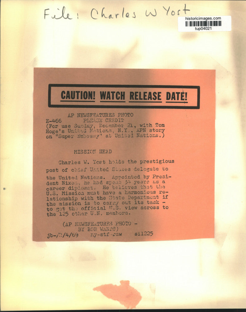 1969 Press Photo Charles W. Yost, United States delegate to the United Nations