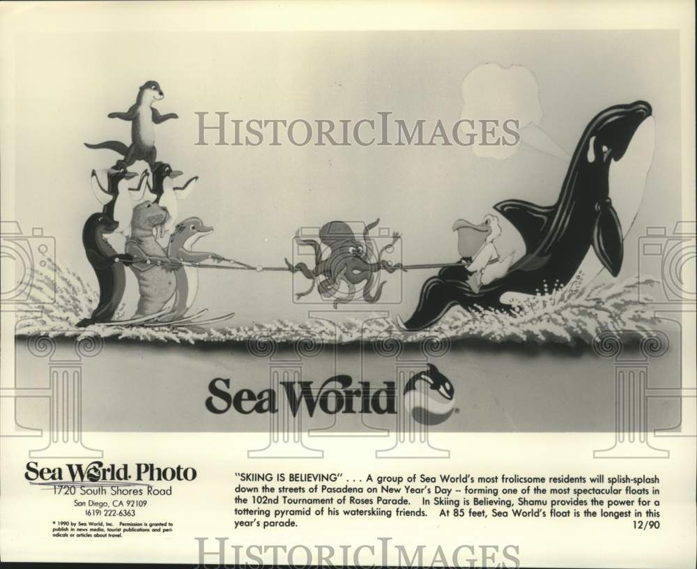 1990 Press Photo New Year&#39;s Day parade float from Sea World in California- Historic Images