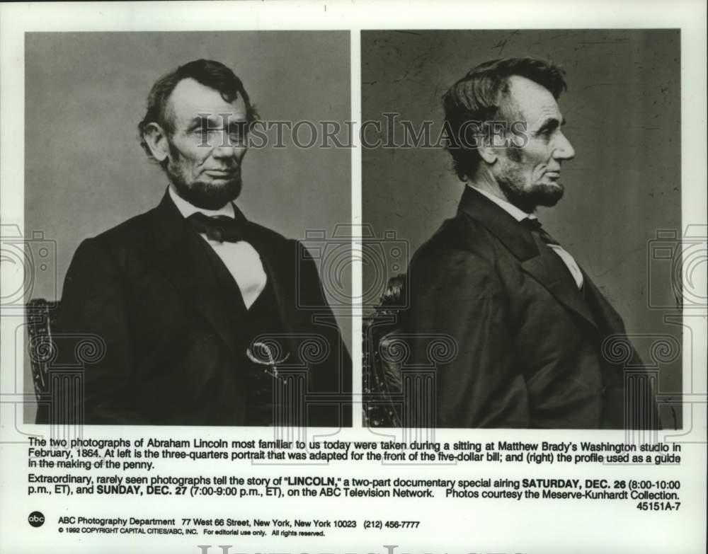 1992 Press Photo Two photos of President Abraham Lincoln, circa 1864 - tup04777- Historic Images