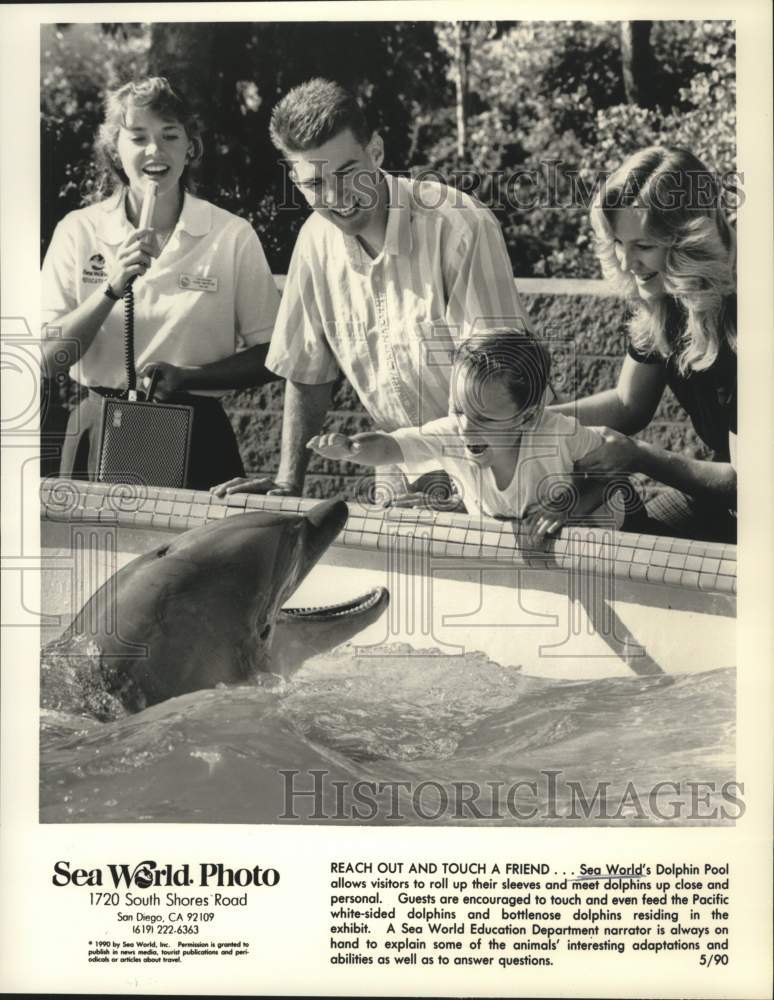 1990 Press Photo Visitors play with dolphin at Sea World, San Diego, California- Historic Images