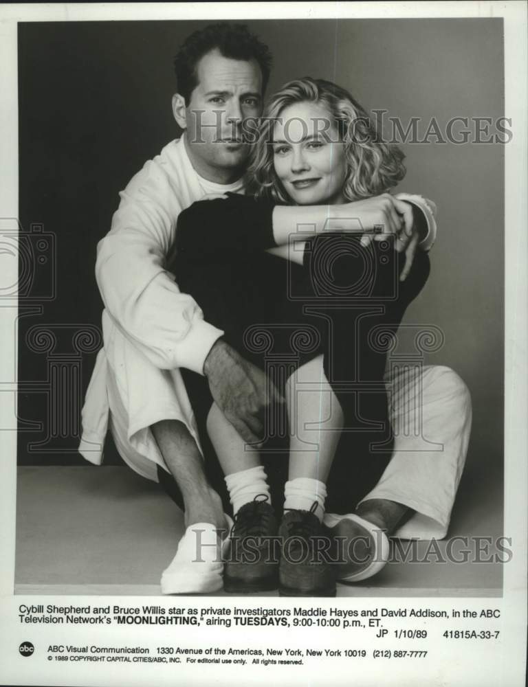 1989 Press Photo Bruce Willis and Cybill Shepherd star in &quot;Moonlighting&quot; on ABC- Historic Images