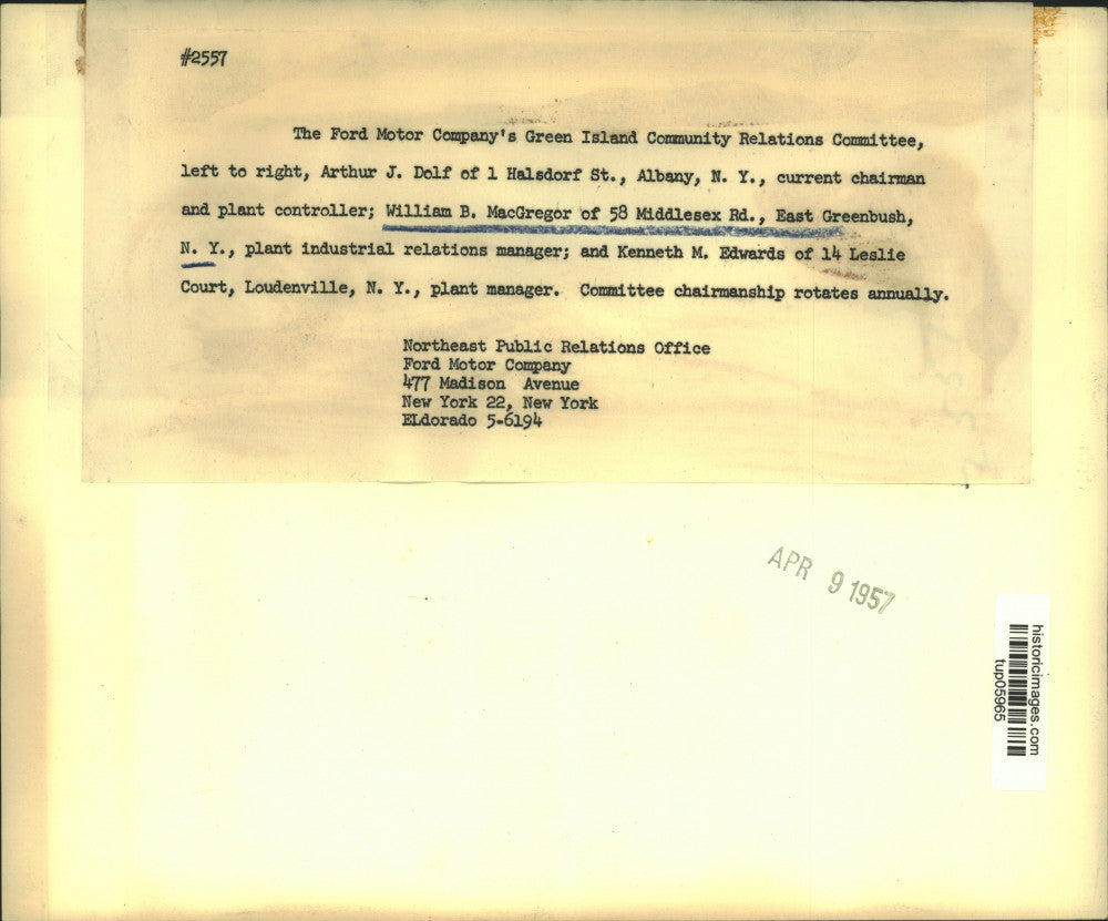 1957 Press Photo Ford Motor Company executives meet in Green Island, New York