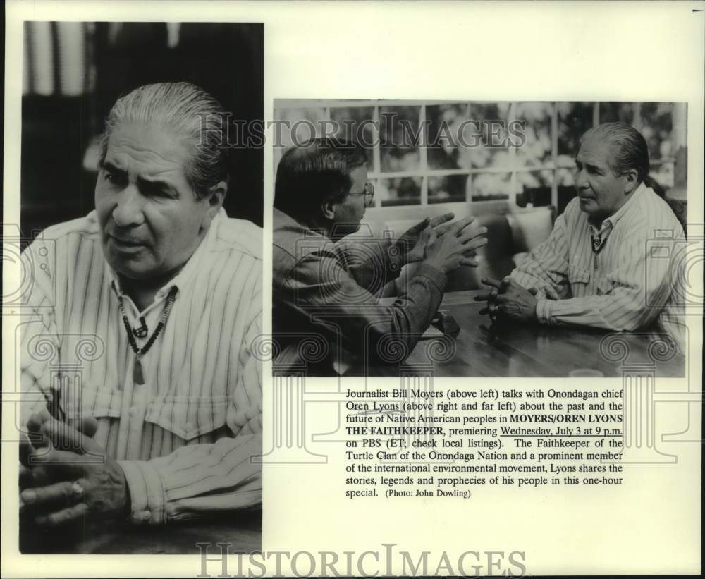 1993 Press Photo Bill Moyers talks to Native American Oren Lyons on PBS special- Historic Images