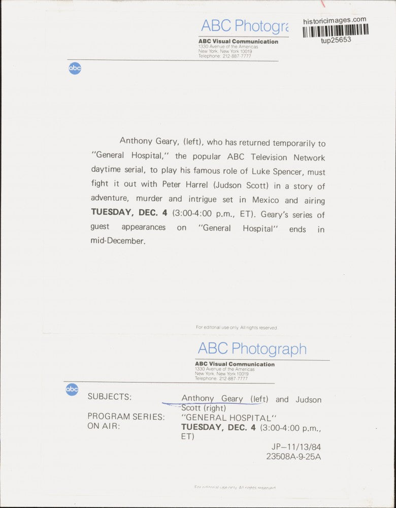 1984 Press Photo Anthony Geary and Judson Scott in "General Hospital" on ABC