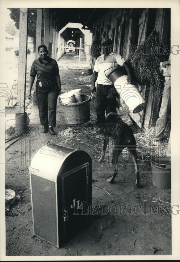 1988 Press Photo Workers pack up items in J.J. Lenzini, Jr.&#39;s barn at Saratoga- Historic Images