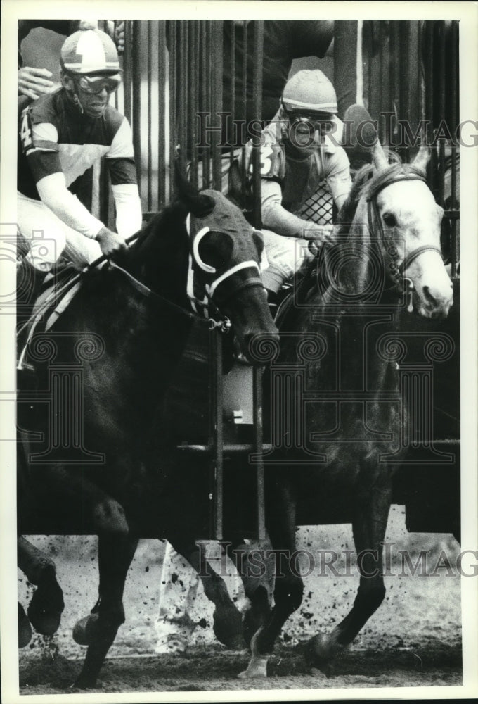 1989 Press Photo Jockey&#39;s Angel Cordero, Jr and Jean Cruguet break out of gate- Historic Images