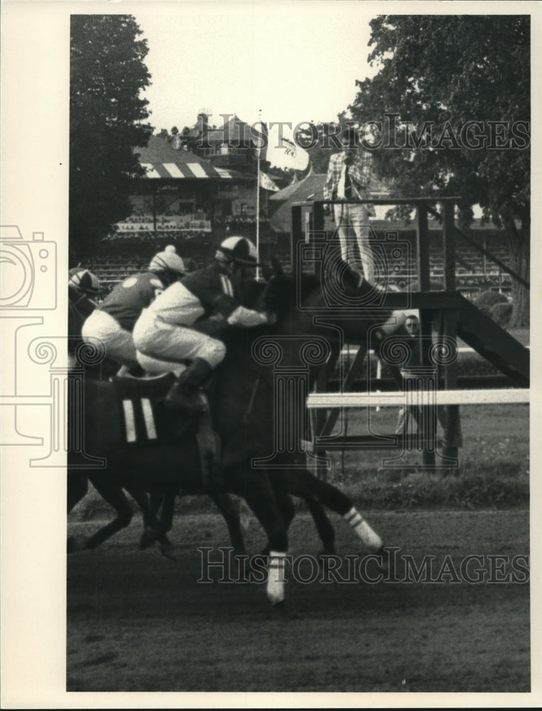 Press Photo Frank Calvarese calls horse race from podium in Saratoga, New York- Historic Images