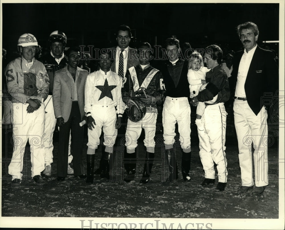 Press Photo Jockeys pose for photo after celebrity race in Saratoga, New York- Historic Images