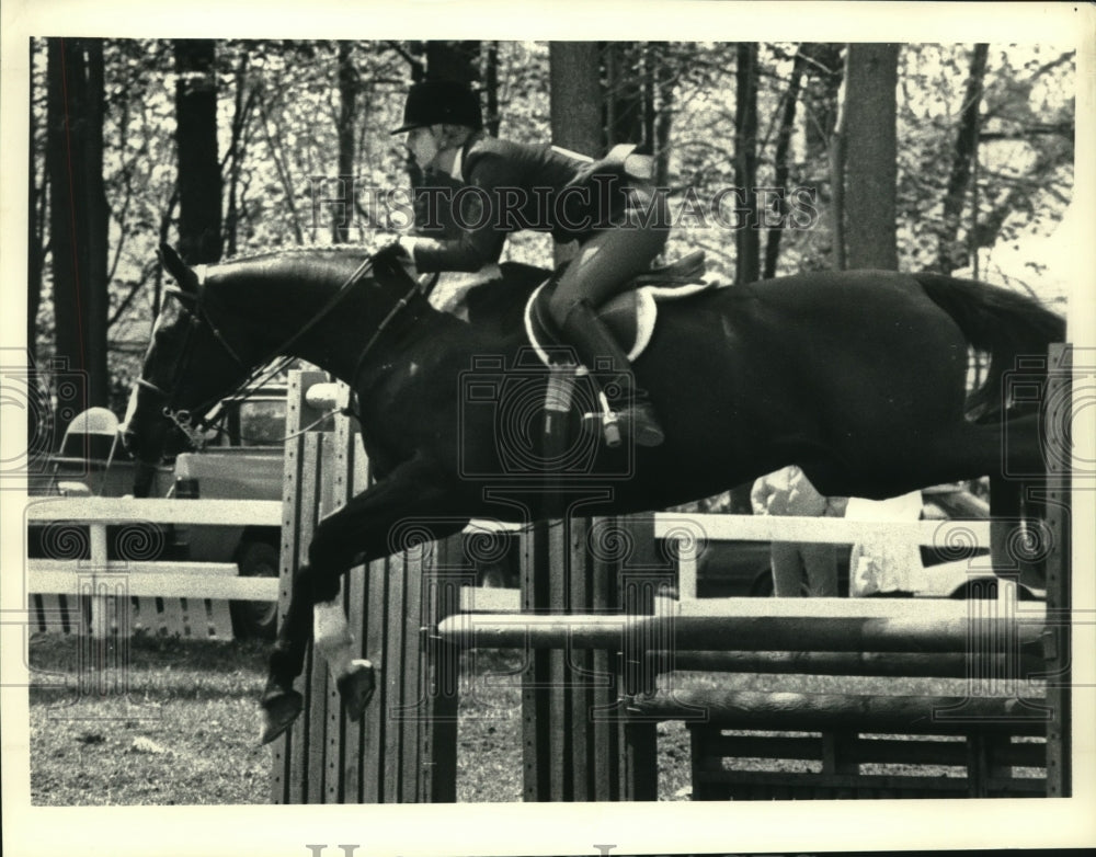 1987 Press Photo Horse leaps obstacle in Saratoga, New York equestrian event- Historic Images