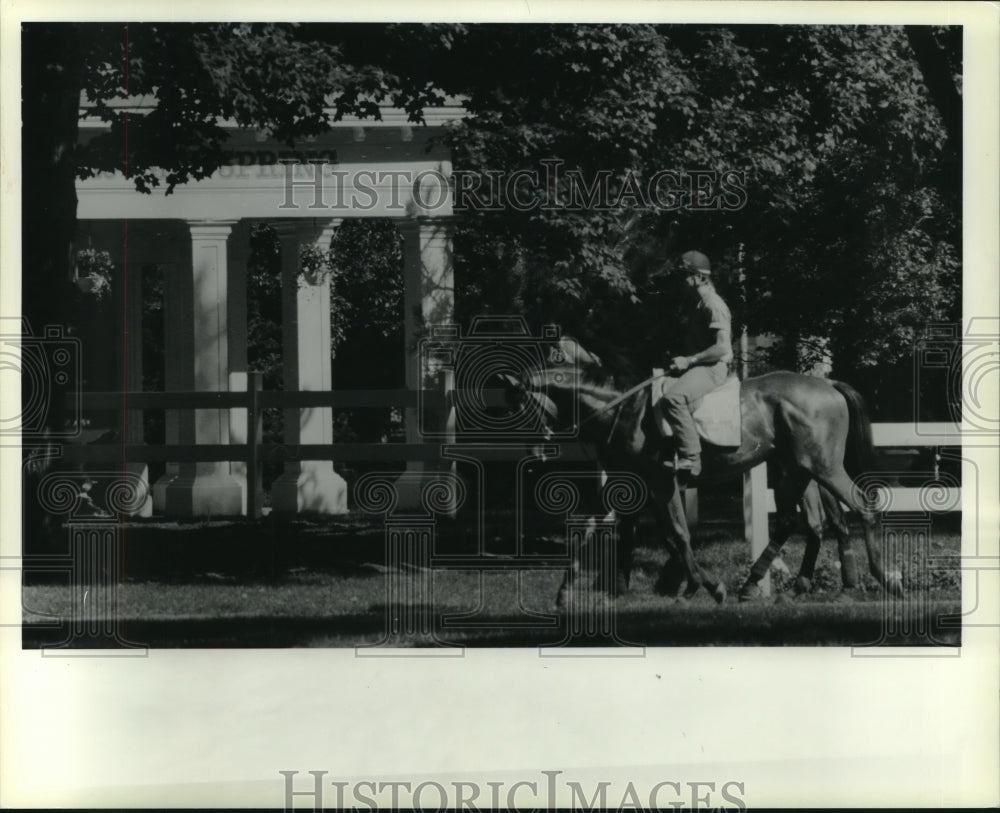 1987 Press Photo Jockeys ride past Red Spring at Saratoga Raceway, New York- Historic Images