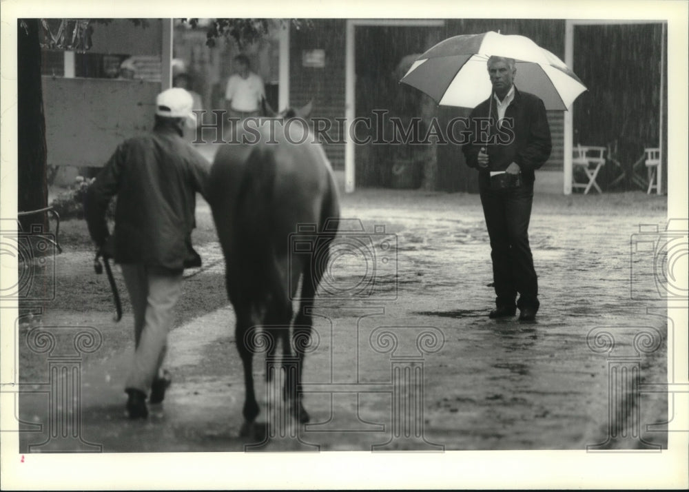 1990 Press Photo Horse led through the rain at Saratoga Raceway in New York- Historic Images