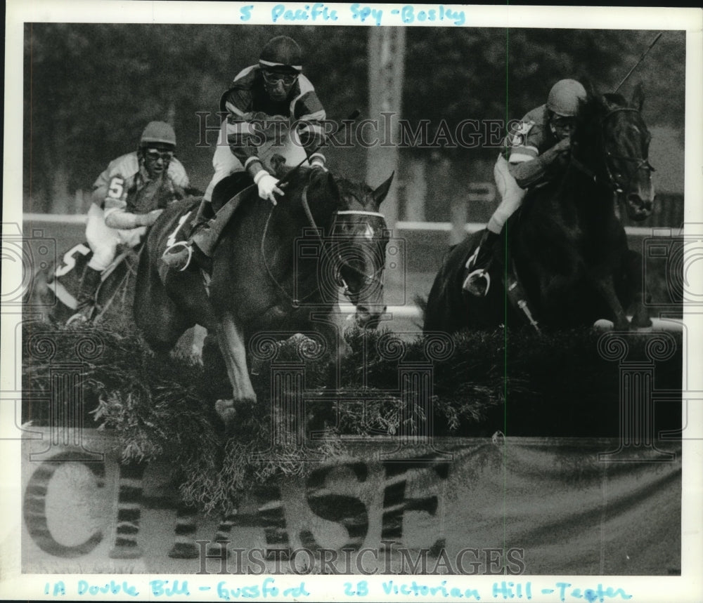 1990 Press Photo Horses leap hedge in Steeplechase race in Saratoga, New York- Historic Images