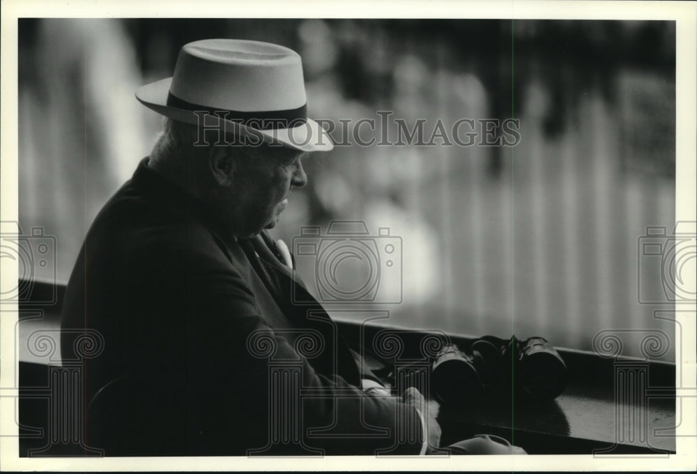 1990 Press Photo Fan watches race from grandstand at Saratoga Raceway, New York- Historic Images