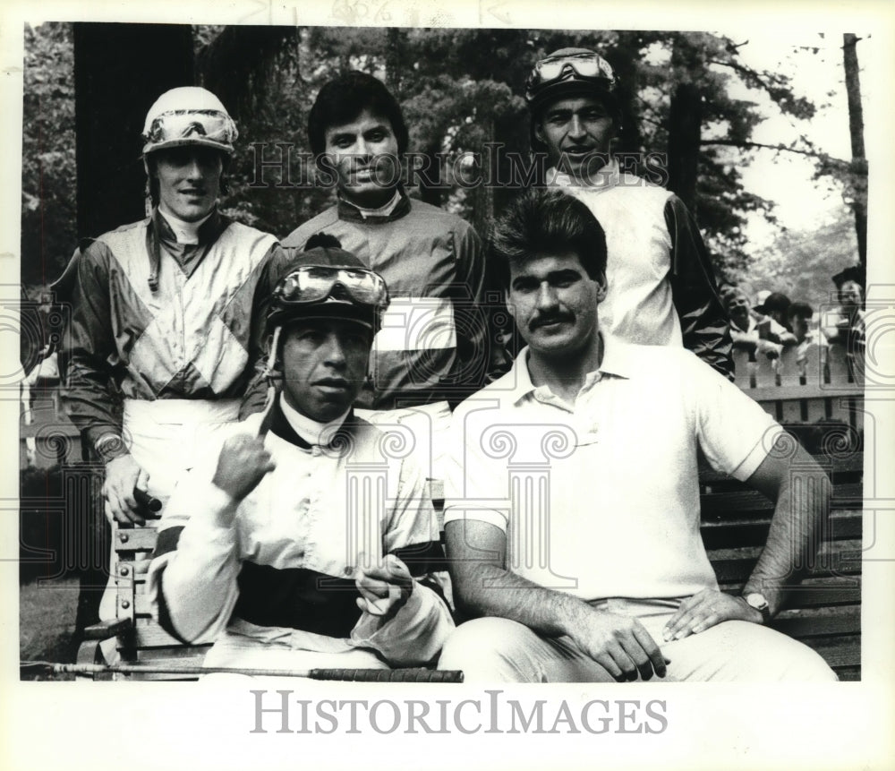 1980 Press Photo Jockeys pose for photo at Saratoga Race Course in the 1980&#39;s- Historic Images