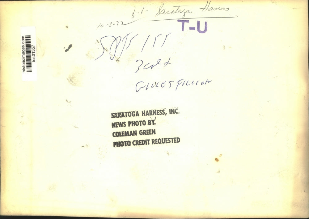 1972 Press Photo #1 Gilles Fillcon with driver at Saratoga Harness Track, NY