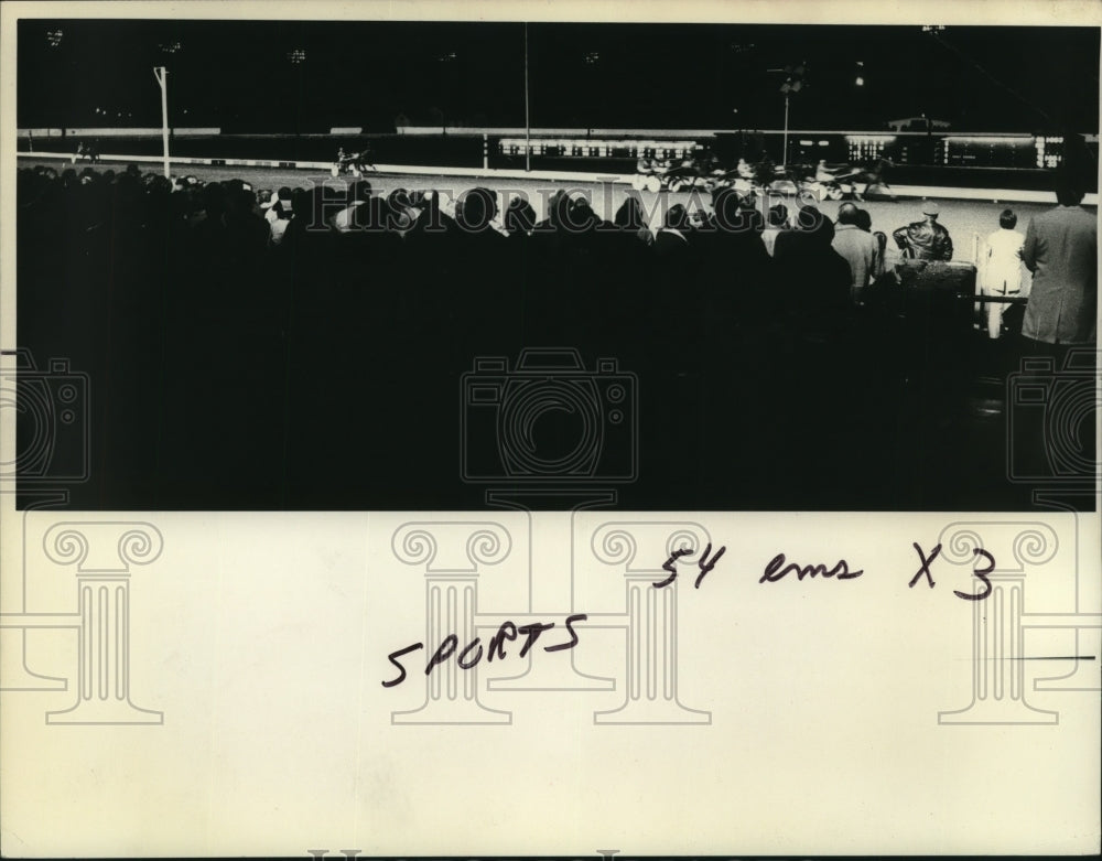 1978 Press Photo View behind crowd watching harness race at night, Saratoga NY- Historic Images