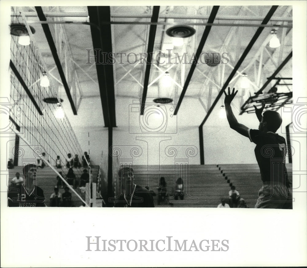 1991 Press Photo #7 Max Hubner of Long Island sets volleyball in match- Historic Images