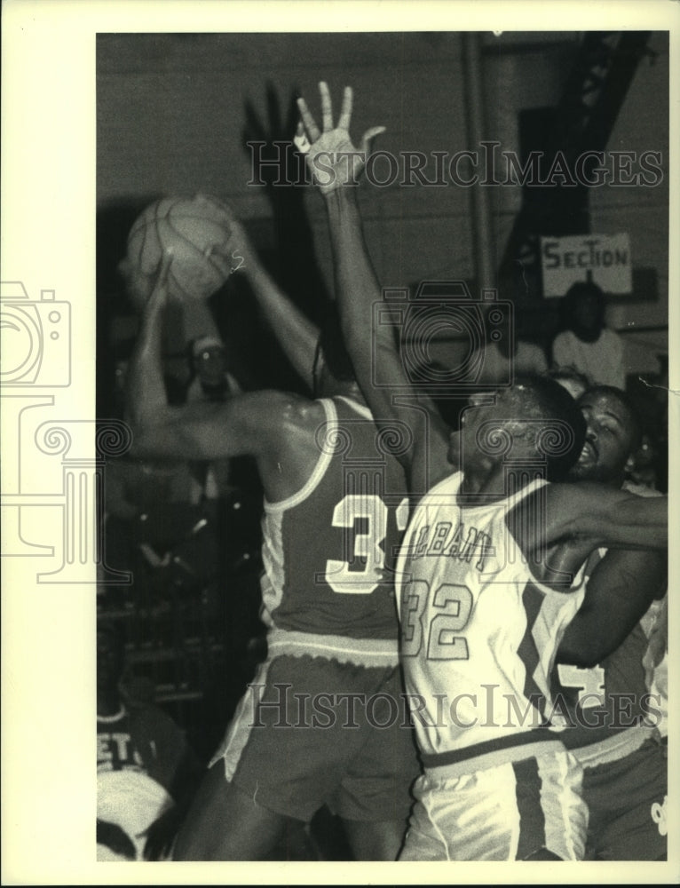 1987 Press Photo Albany Patroons vs. Mississippi Jets basketball in New York- Historic Images