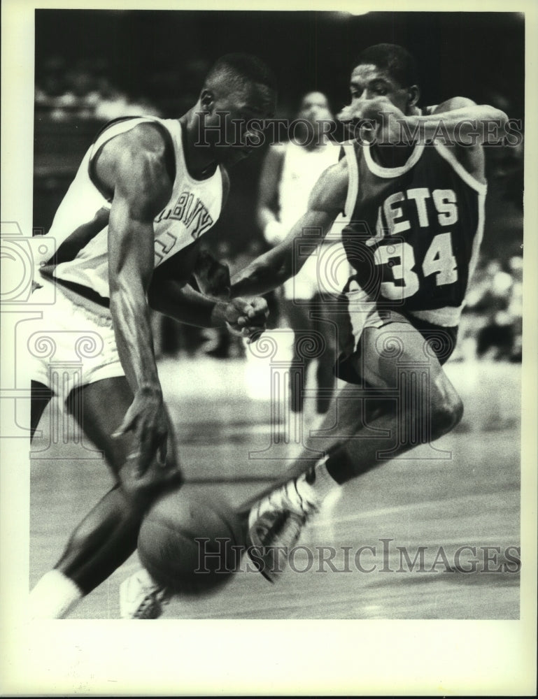 1987 Press Photo Albany Patroons vs. Mississippi Jets action in New York- Historic Images