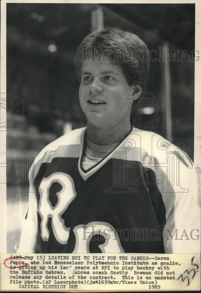 1985 Press Photo Hockey goalie Daren Puppa is leaving RPI to play for Buffalo- Historic Images