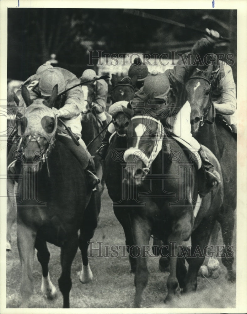 Press Photo Race horses are all bunched together in race at Saratoga, NY- Historic Images