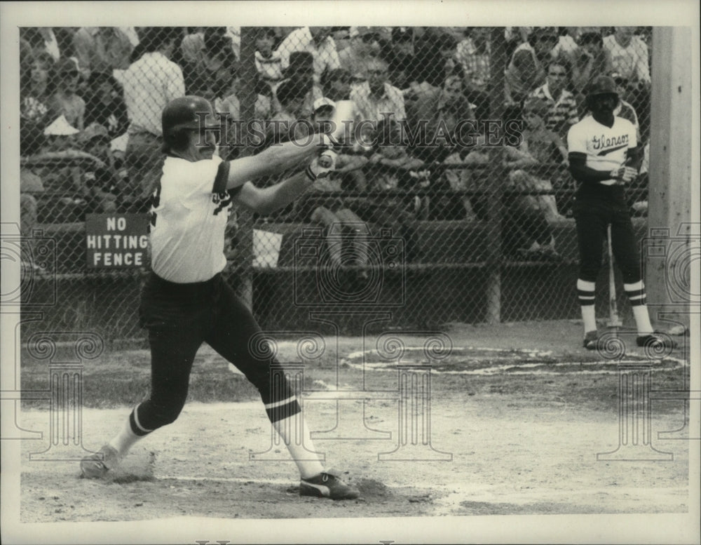 Press Photo Vince Biener takes swing at ball during baseball game in New York- Historic Images