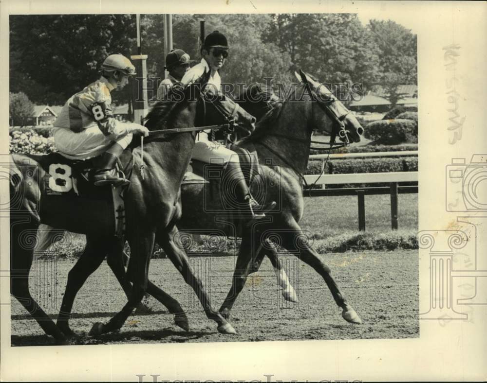 Press Photo Race horse Outrider with Jockey Tom Gilliand in race at Saratoga, NY- Historic Images