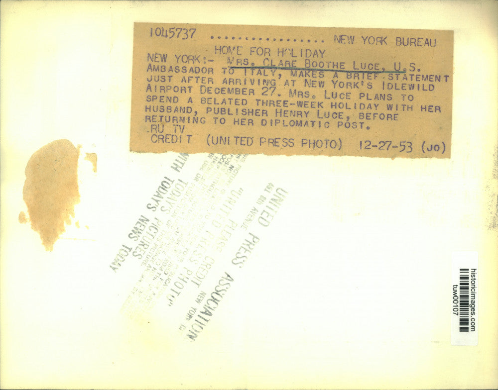 1953 Press Photo Clare Boothe Luce, US Ambassador to Italy, speaks in New York