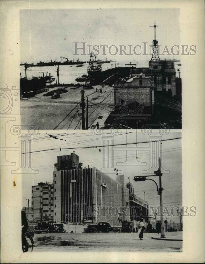Press Photo Views of the harbor and a department store in Osaka, Japan