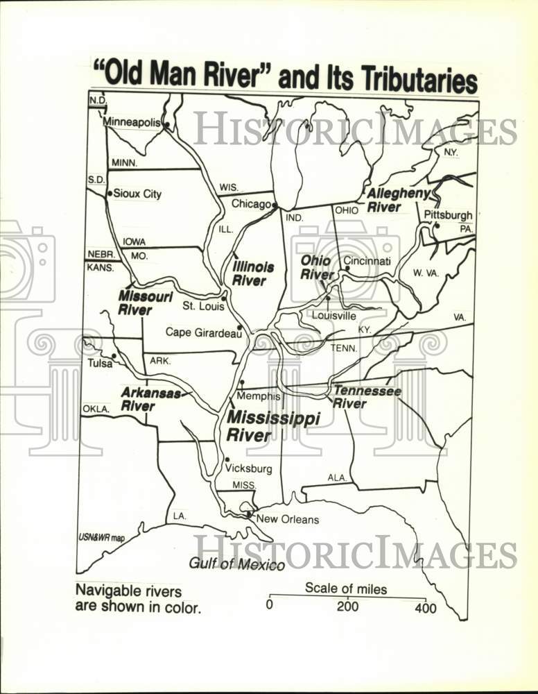 Load image into Gallery viewer, 1981 Press Photo Map of the Mississippi River and its tributaries - tuw03911
