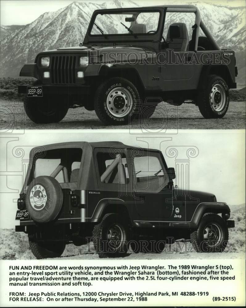 1988 Press Photo 1989 Jeep Wrangler "S" and Jeep Wrangler Sahara - tux01820