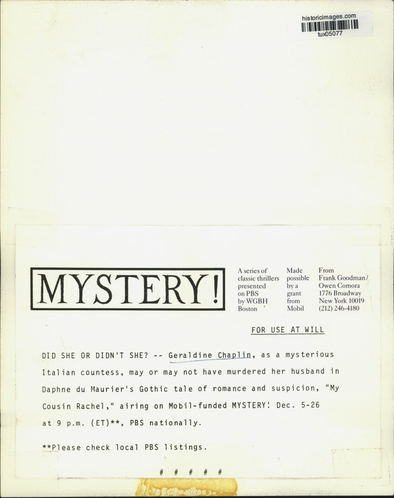 Press Photo Geraldine Chaplin in "My Cousin Rachel" on PBS-TV's "Mystery!"