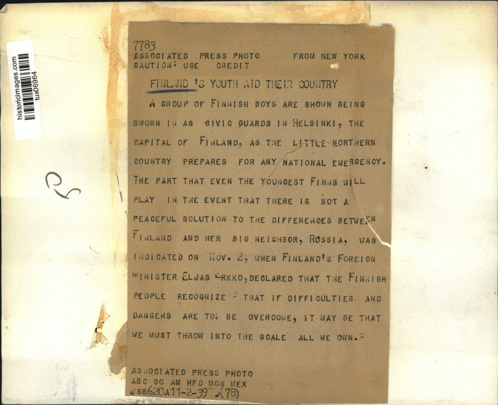 1939 Press Photo Young civic guards in Helsinki, Finland - tux06964