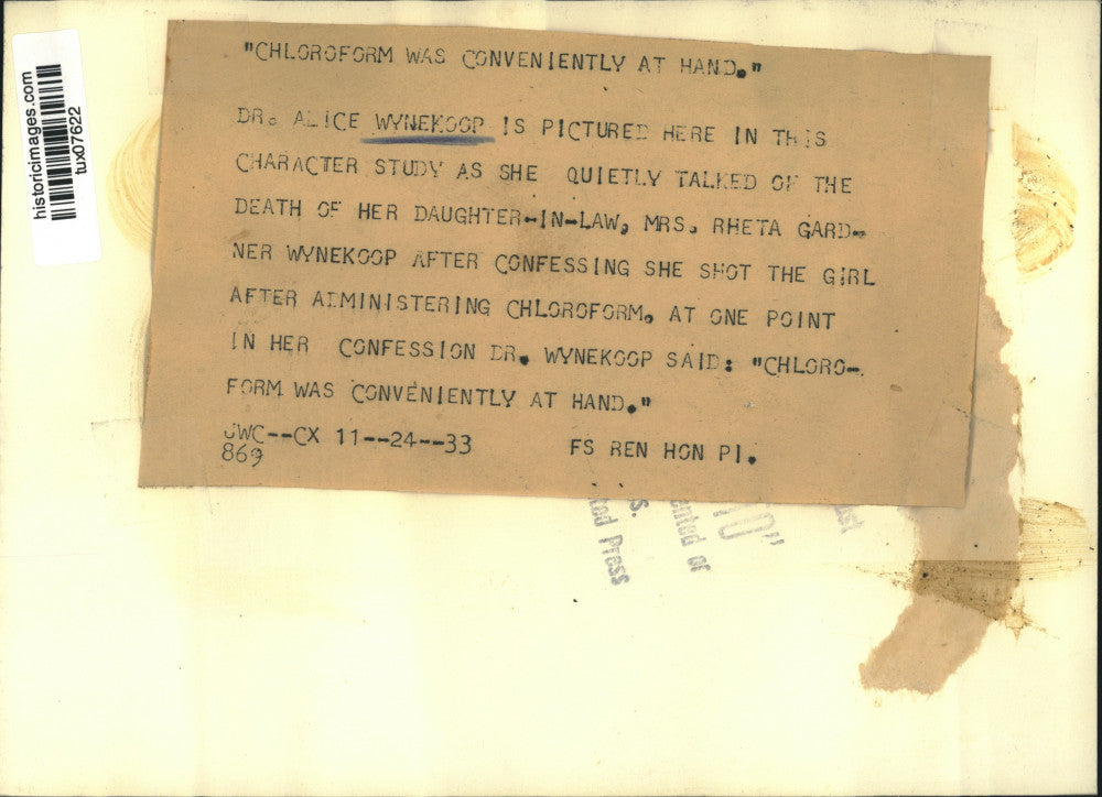 1933 Press Photo Dr. Alice Wynekoop Confessed to Murder of Mrs. Rheta Wynekoop