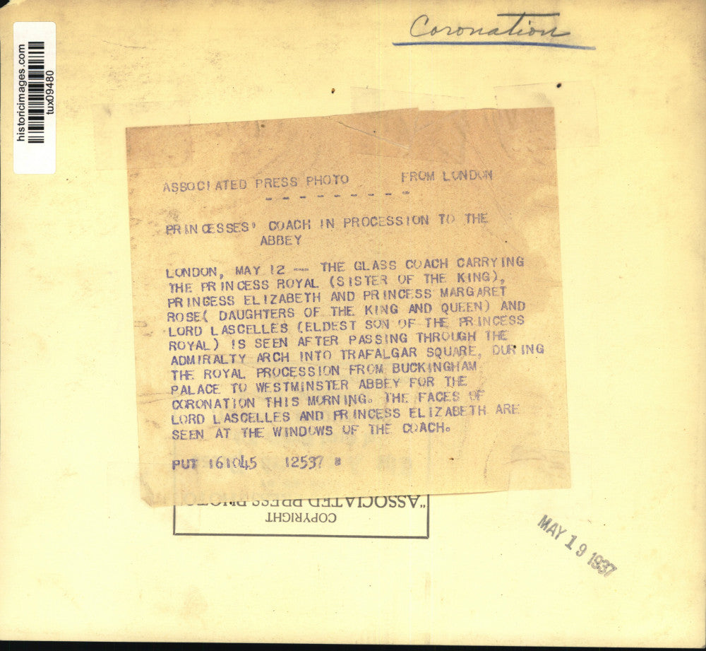 1937 Press Photo Members of British royal family in coach for coronation parade