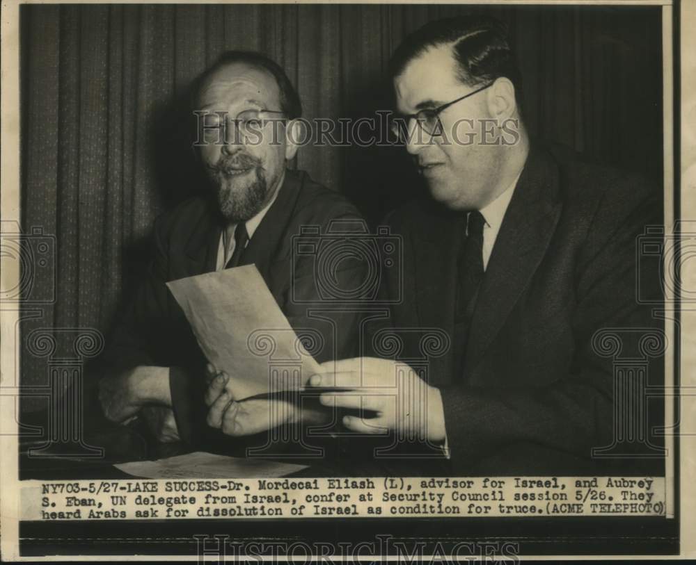 1948 Press Photo Dr. Mordecai Eliash and Aubrey S. Eban, United Nations Members- Historic Images