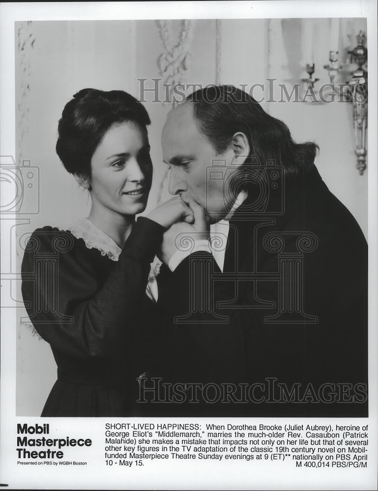 1994 Press Photo Juliet Aubrey and Patrick Malahide star in Middlemarch, on PBS. - Historic Images