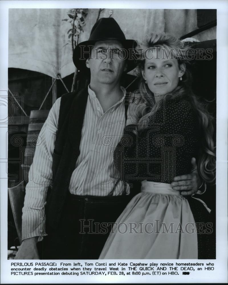 1987 Press Photo Tom Conti and Kate Capshaw in The Quick and the Dead, on HBO. - Historic Images