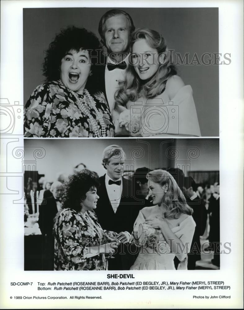 1989 Press Photo Roseanne Barr, Ed Begley Jr. and Meryl Streep in She-Devil. - Historic Images