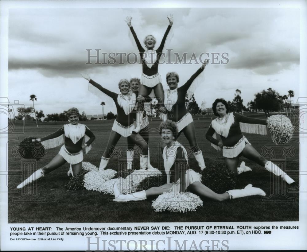 1992 Press Photo Cheerleaders for &quot;Never Say Die: The Pursuit of Eternal Youth&quot; - Historic Images