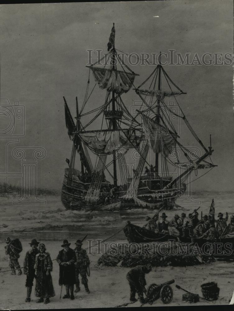 1929 Press Photo Painting of the ship Mayflower, carrying pilgrim fathers to US - Historic Images