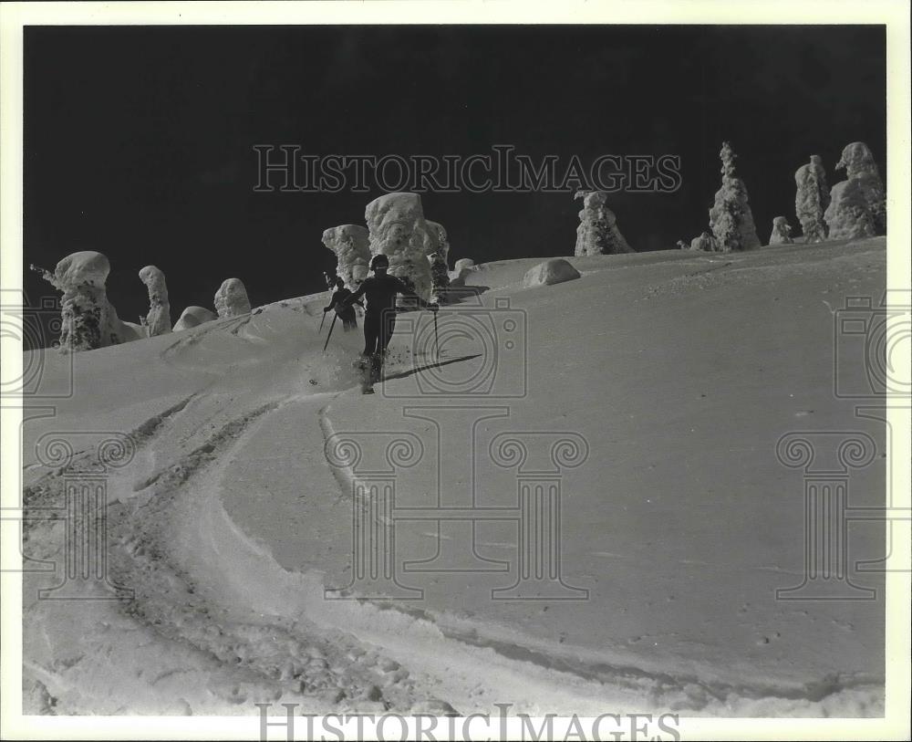 1989 Press Photo Skiing among the &quot;Snow Ghosts&quot; at The Big Mountain skiing area - Historic Images