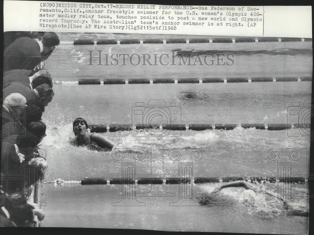 1968 Press Photo U.S. swimmer, Sue Pederson, posts new world &amp; Olympic record - Historic Images