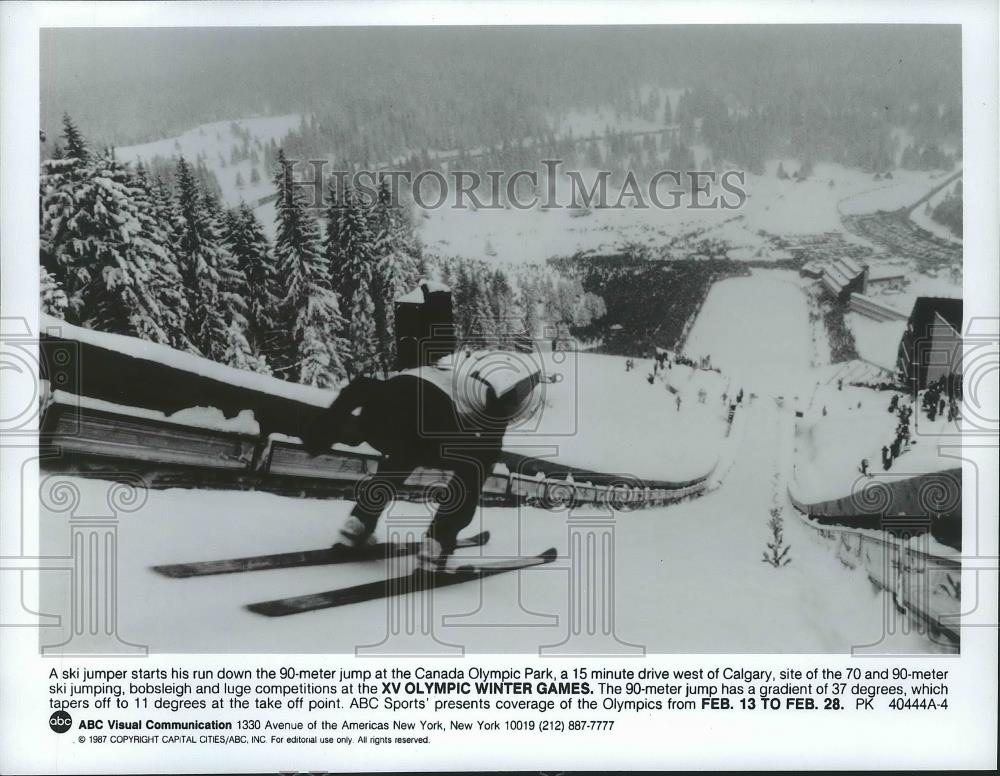 1987 Press Photo Ski jumper at Canada Olympic Park, site of 1988 Winter Olympics - Historic Images