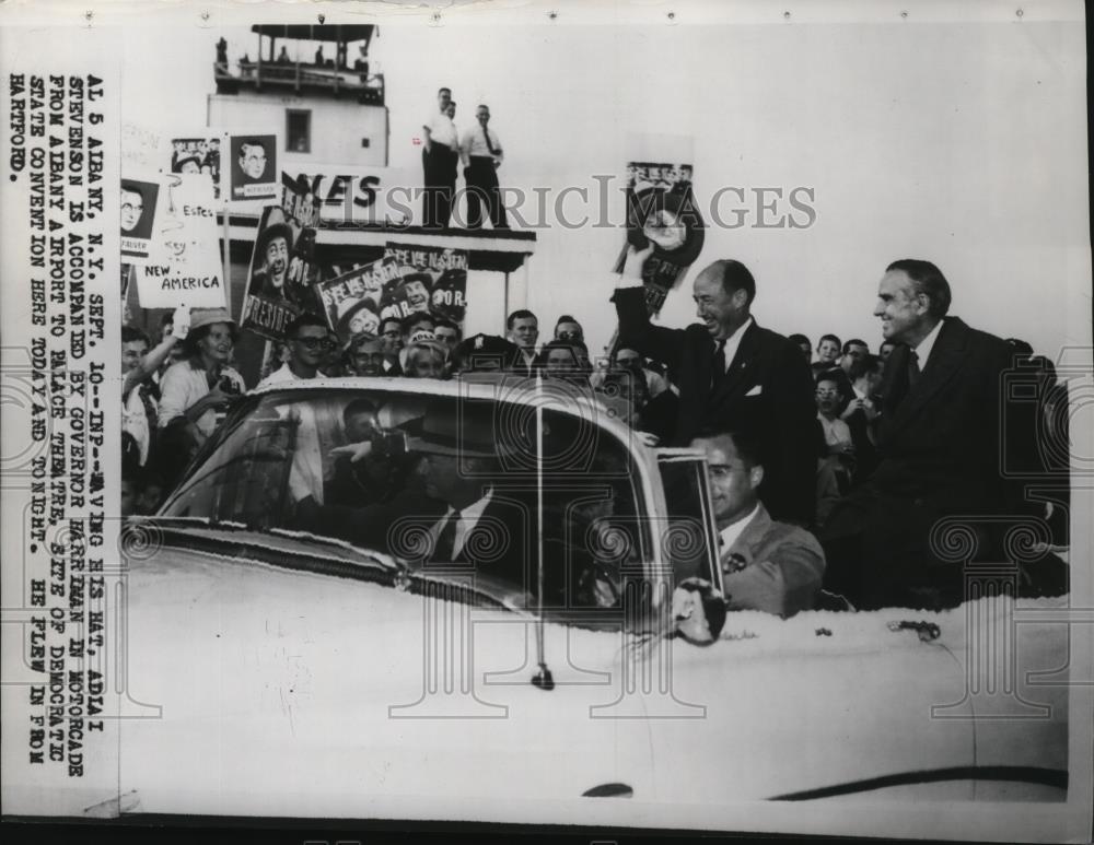 1956 Press Photo New York Adlai Stevenson, Gov Harriman in Albany Motorcade NYC - Historic Images