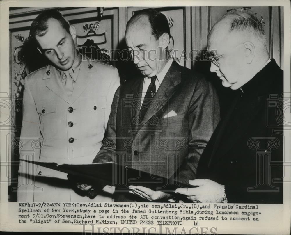 1952 Press Photo New York Adlai Stevenson with Francis Cardinal Spellman NYC - Historic Images